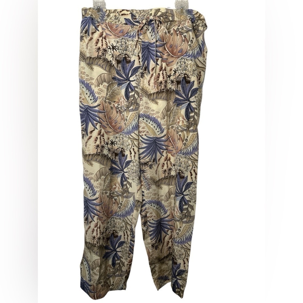 Fuda Silk Tropical Print Drawstring Wide Leg Pants S